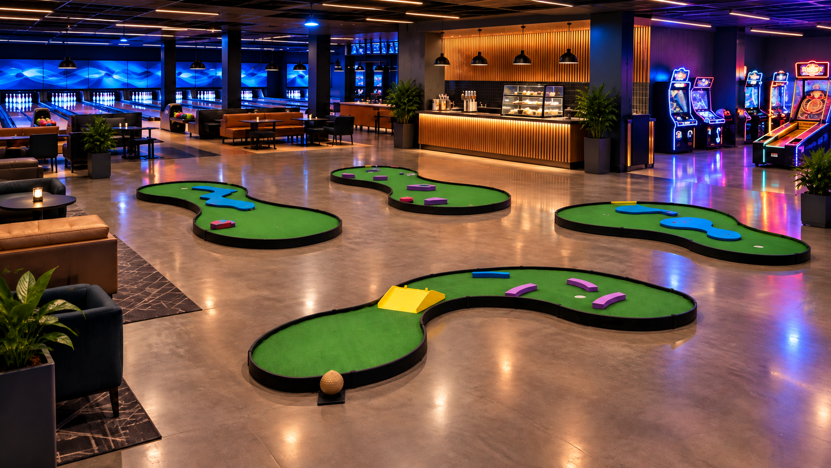 Mini Greens shown at bowling alleys & arcades