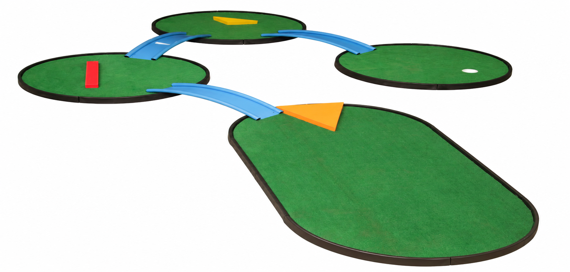 Connected Mini Greens putting holes with varied shapes and bridges