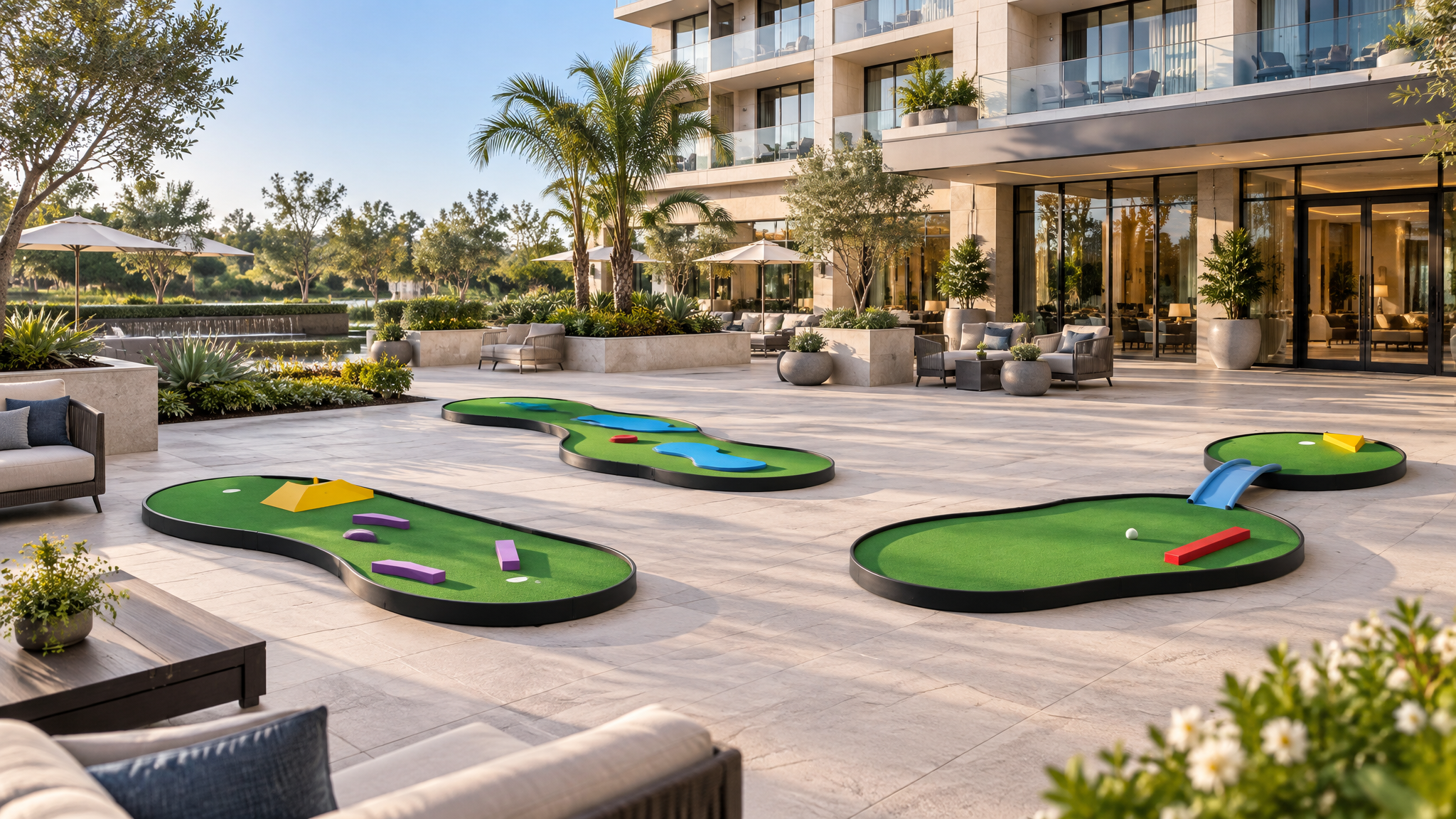 Mini Greens course illustration showing curved putting greens, colorful obstacles and a blue bridge in an elegant hotel courtyard