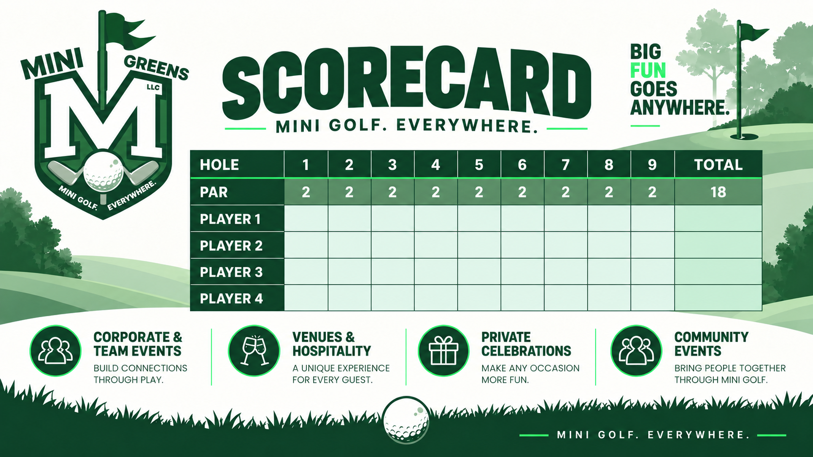 Mini Greens scorecard: nine holes, par two per hole, total par eighteen, with corporate and team events, venues and hospitality, private celebrations, and community events.